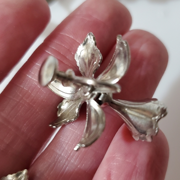 Coro Vintage 40's 50's orchid iris Parure set brooch earrings necklace silver - Picture 13 of 16
